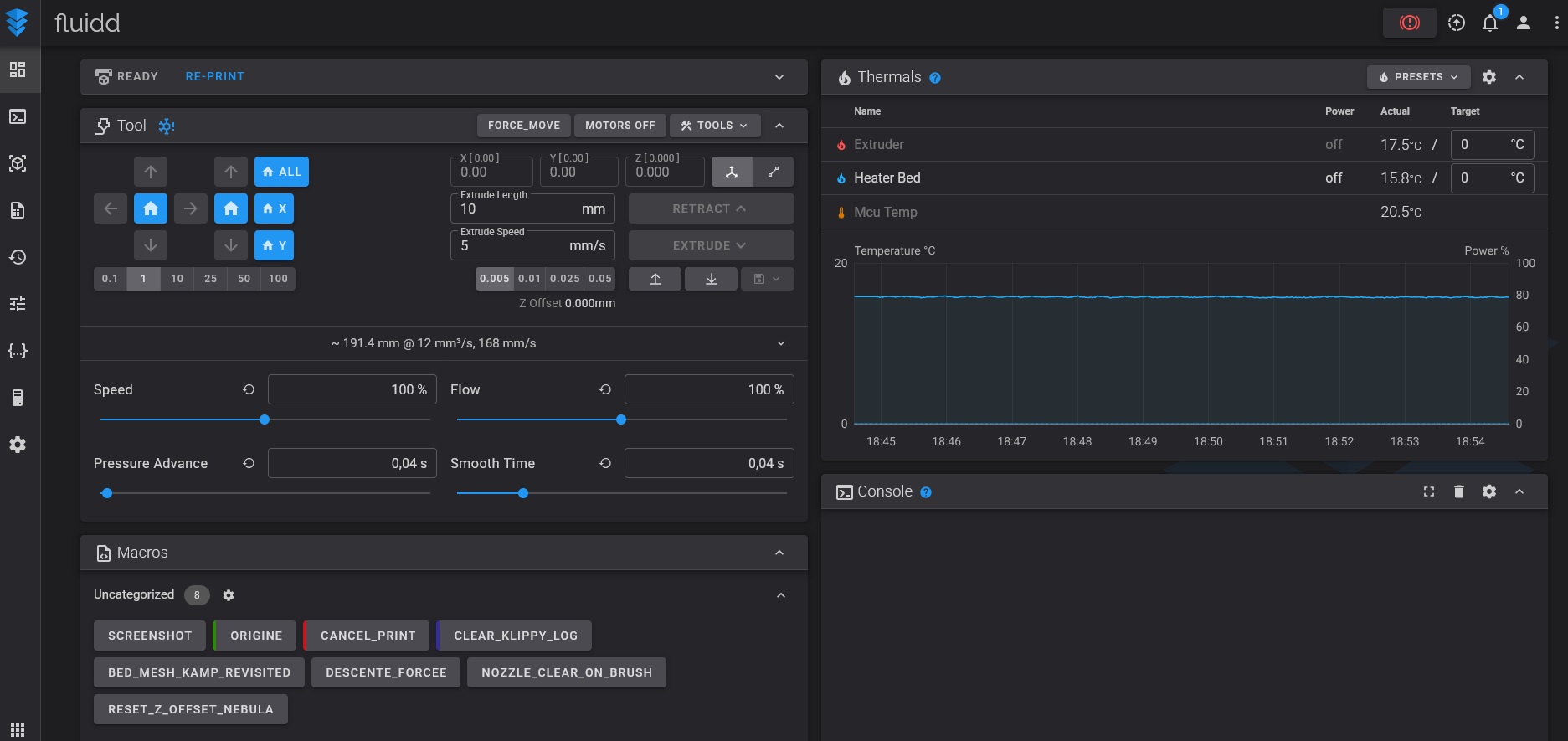 Fluidd macros panel with SCREENSHOT button